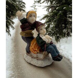 Vintage Christmas Village Figurine Children Sledding Bringing Firewood Home